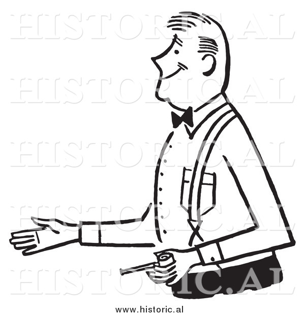 Clipart of a Smiling Gentleman Holding a Tobacco Pipe While Reaching out for a Handshake - Retro Black and White Design