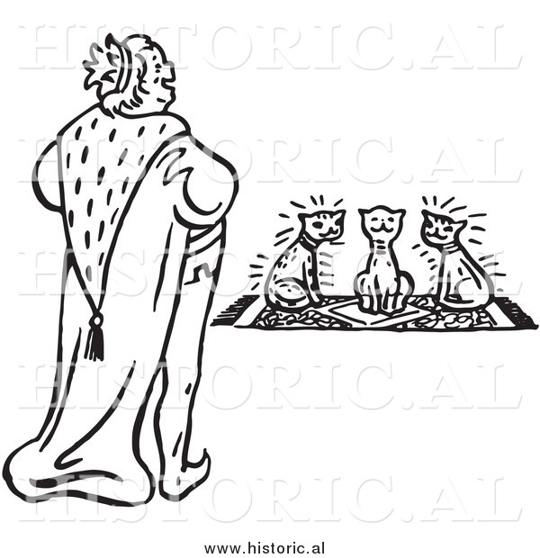 Clipart of a Smiling King Looking at Three Cats Sitting on a Rug - Black and White Drawing