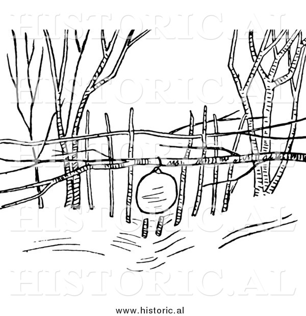 Clipart of a Snowshoe Rabbit Snare Trap - Black and White Drawing
