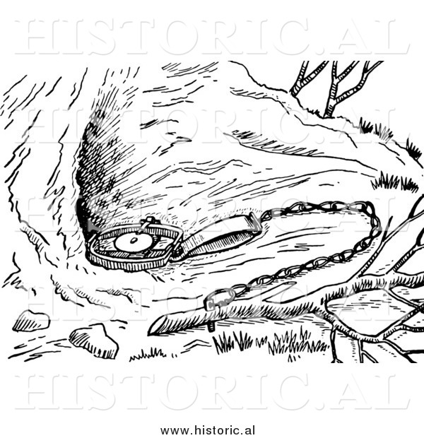 Clipart of an Animal Trap Set in Front of a Den - Black and White Drawing