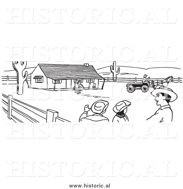 Clipart of Cowboys Talking on a Farm - Black and White Line Drawing