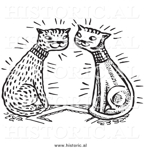 Clipart of Happy Cats Falling in Love - Black and White Retro Drawing