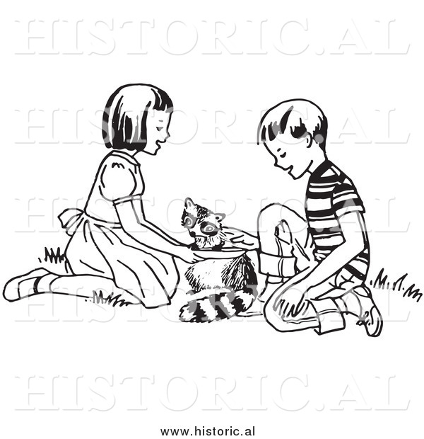 Clipart of Happy Kids Feeding a Hungry Raccoon - Black and White Drawing