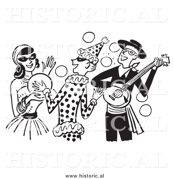 Clipart of People Having Fun at a Halloween Costume Party - Black and White Drawing