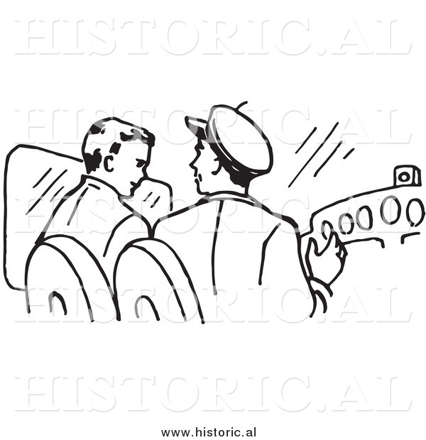 Clipart of Pilots Talking and Operating an Airplane - Black and White Line Drawing