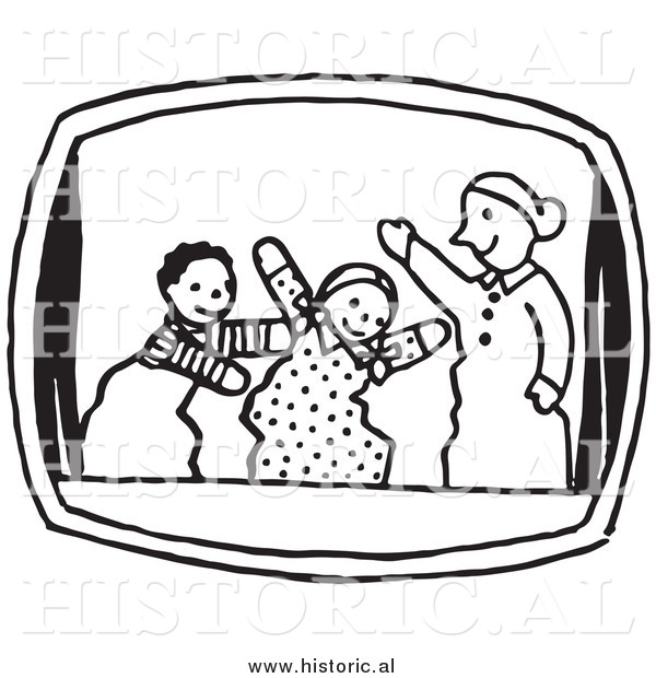 Clipart of Three Puppets Performing in a Show - Black and White Line Art