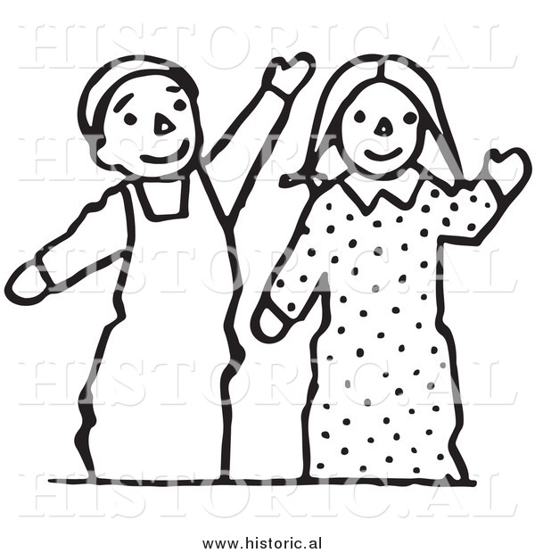 Clipart of Waving Boy and Girl Puppets - Black and White Line Drawing
