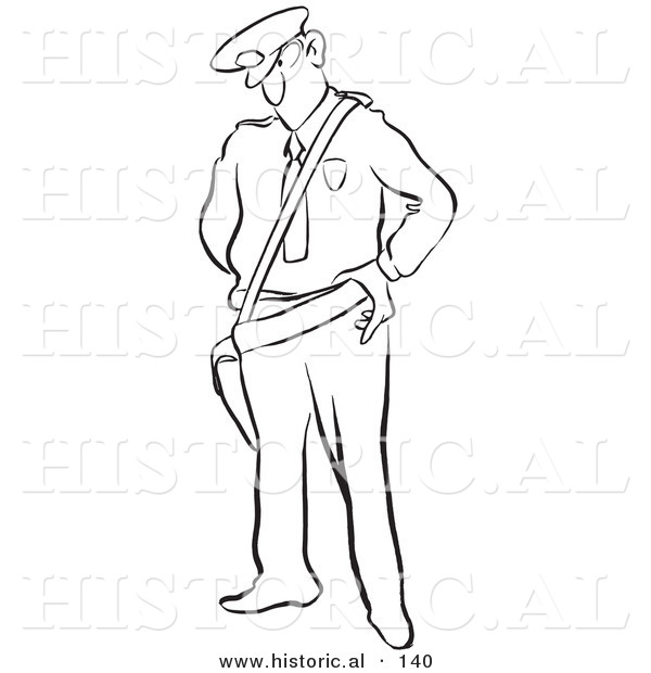 Historical Cartoon Illustration of a Police Man Looking Stern - Outlined Version