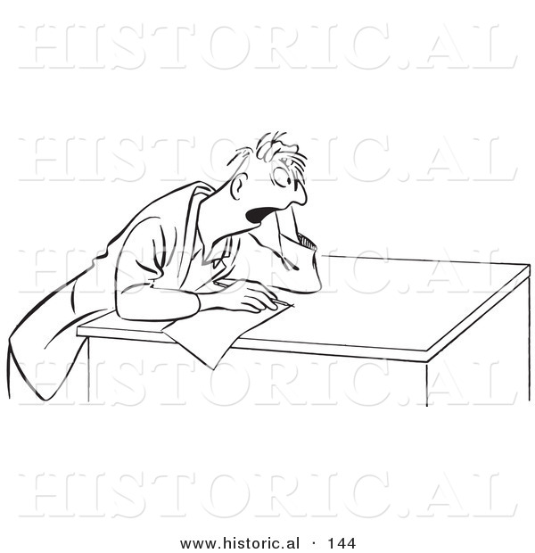 Historical Cartoon Illustration of a Stressed Man Taking a Test - Outlined Version