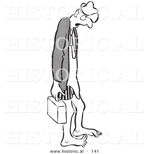 Historical Cartoon Illustration of an Embarassed Businessman Wearing Boxers - Outlined Version