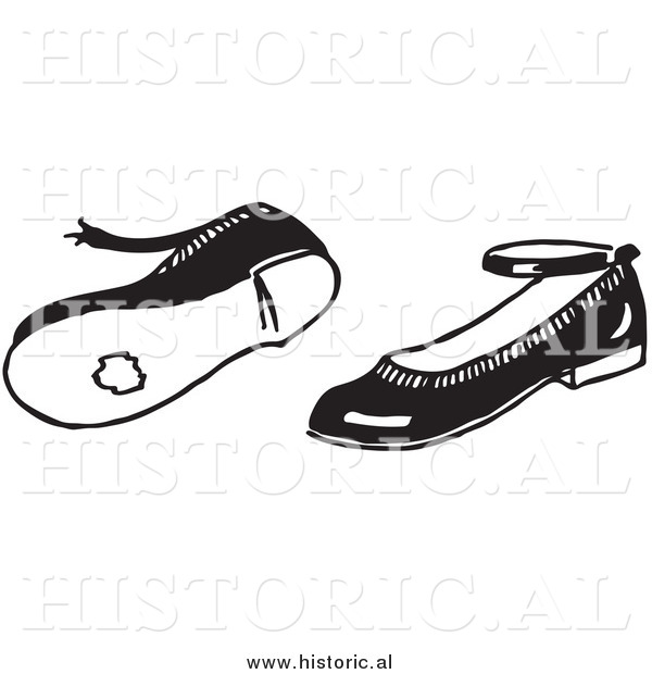 Historical Clipart of a Girl's Pair of Old Worn Shoes - Black and White