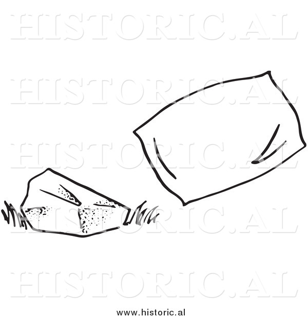 Historical Clipart of a Hard Rock Beside Soft Pillow - Black and White Outline