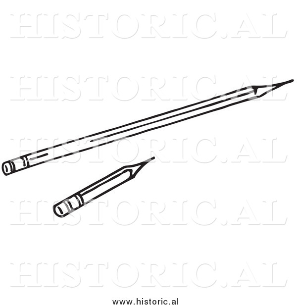 Historical Clipart of a Long and Short Pencils - Black and White Outline