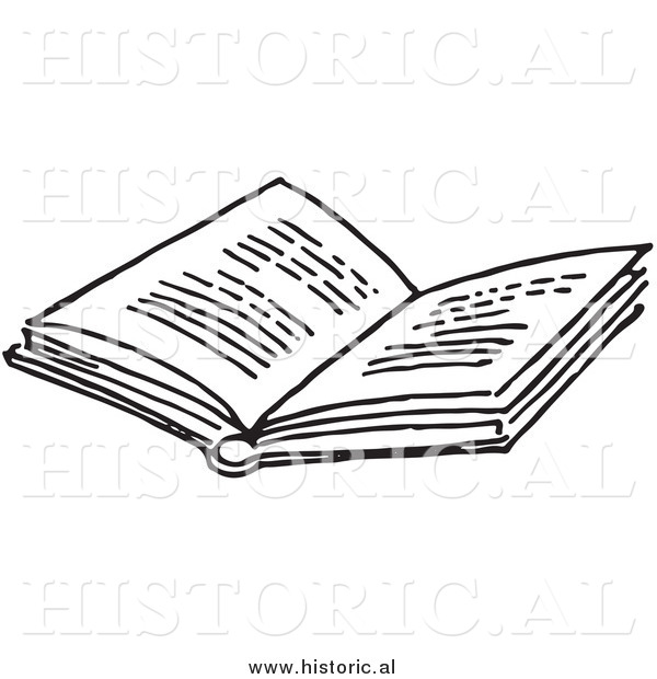 Historical Clipart of an Opened Book with Text - Black and White Outline