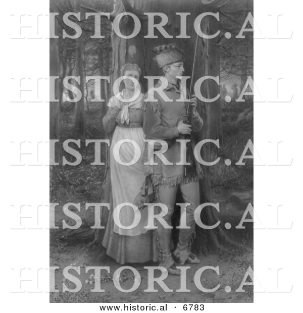 Historical Engraving of Two Pilgrims near the War Path - Black and White Version