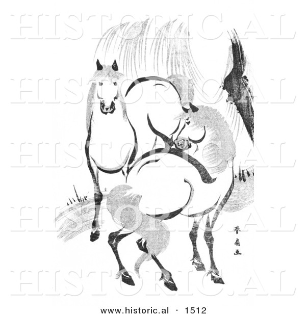 Historical Illustration of 2 Horses by a Willow Tree, Black and White