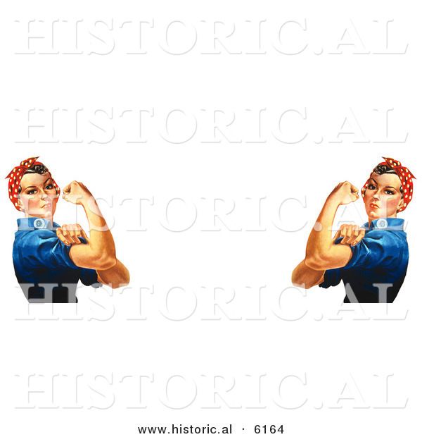 Historical Illustration of 2 Rosie the Riveters Facing Each Other While Flexing Their Muscles