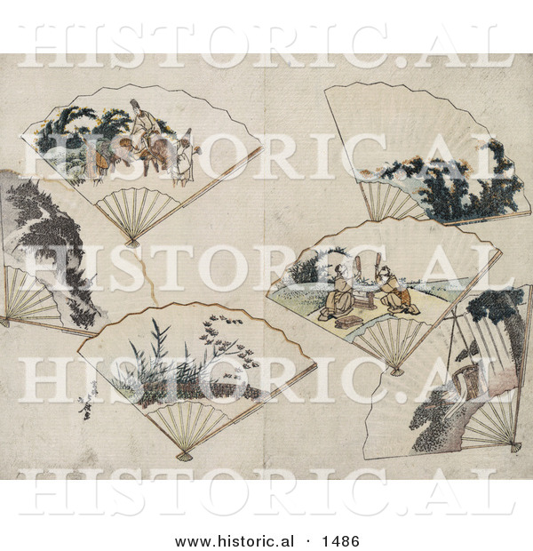 Historical Illustration of 6 Folding Hand Fans with Landscape Scenes