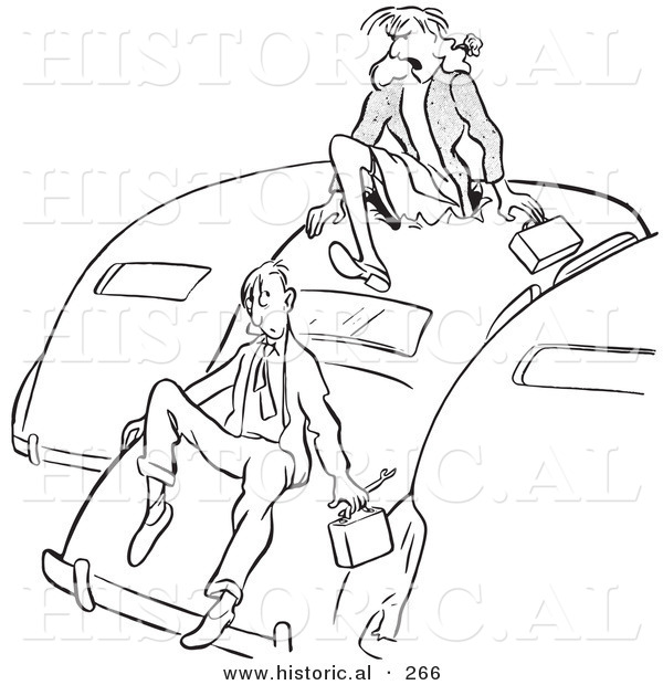 Historical Illustration of a Angry Cartoon Woman Screaming at a Man for Parking Too Close to Other Cars - Outlined Version