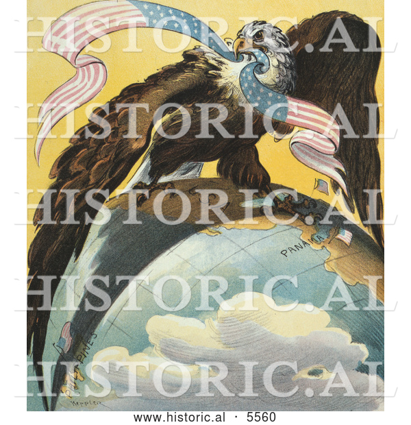 Historical Illustration of a Bald Eagle on the Globe