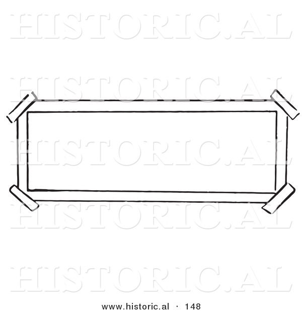 Historical Illustration of a Black and White Rectangle Sign with Taped Corners - Outlined Version
