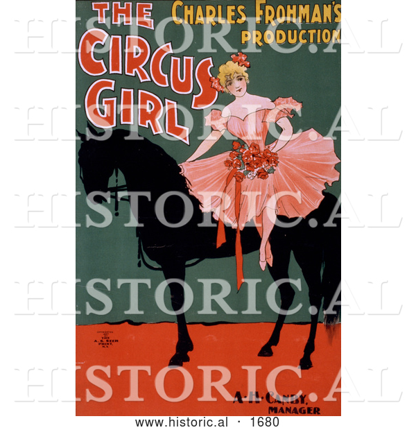 Historical Illustration of a Blond Woman Sitting on a Black Horse in "the Circus Girl" by Charles Frohman