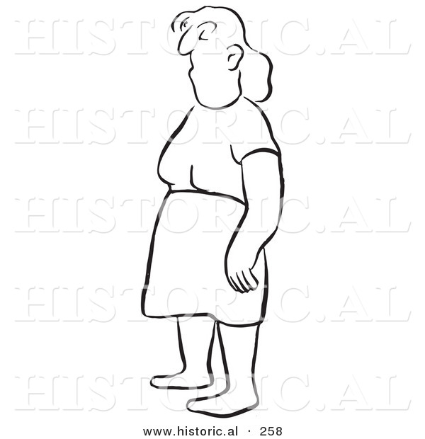 Historical Illustration of a Bored Cartoon Lady Standing and Waiting - Outlined Version
