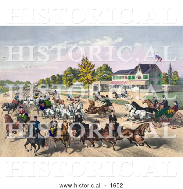 Historical Illustration of a Busy Street Scene of Horses and Carriages on a Road near a Building