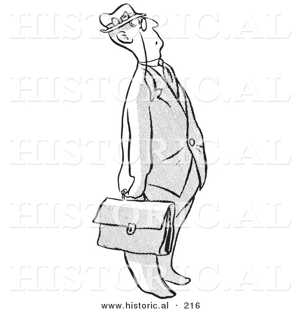 Historical Illustration of a Cartoon Businessman Looking Upwards While Holding a Briefcase - Outlined Version