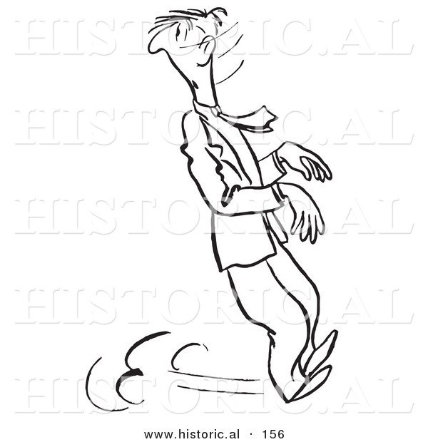 Historical Illustration of a Cartoon Businessman Skidding to a Stop While Looking Backwards - Outlined Version