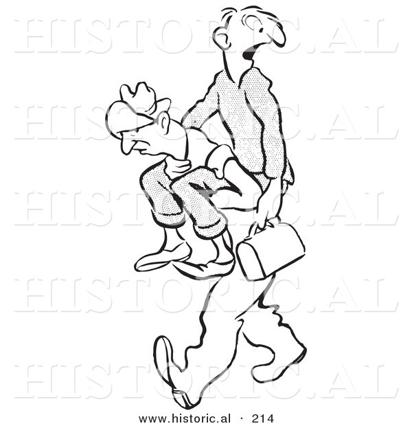Historical Illustration of a Cartoon Man Carrying a Someone to Work on His Back - Outlined Version