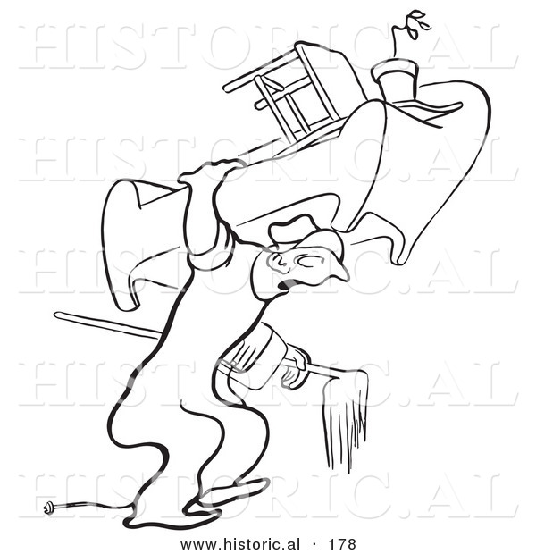 Historical Illustration of a Cartoon Man Moving Heavy Furniture by Himself - Outlined Version