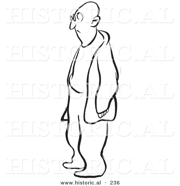 Historical Illustration of a Cartoon Man Standing and Waiting - Outlined Version