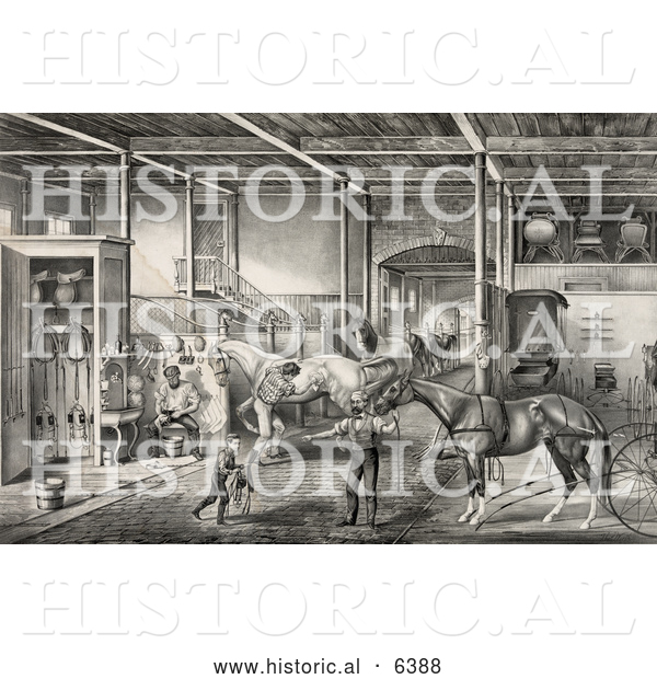 Historical Illustration of a Child and Men Tending to Race Horses in a Stable