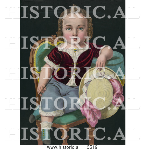 Historical Illustration of a Child Sitting in a Chair, Holding a Riding Crop and Hat