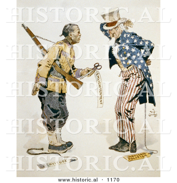 Historical Illustration of a Chinese Soldier Standing with Uncle Sam and Tags: Enlightenment, Servitude, Partisan Politics