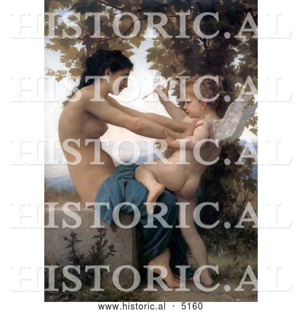 Historical Illustration of a Cupid with an Arrow, Being Fought off by a Young Nude Woman by William-Adolphe Bouguereau