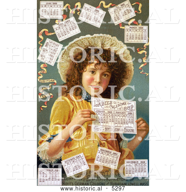Historical Illustration of a Curly Haired Girl Surrounded by Calendars in 1889