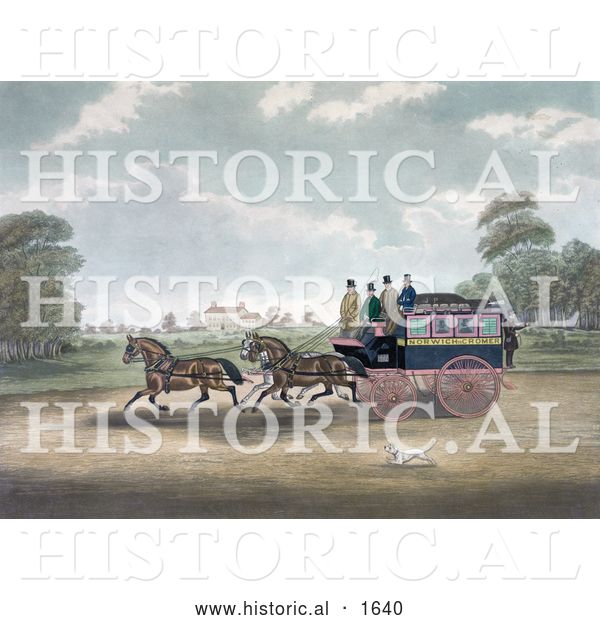Historical Illustration of a Dog Running Alongside Men on the Unicorn Norwich Coach