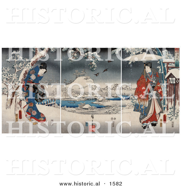 Historical Illustration of a Geisha Woman Wearing a Gown and a Man Holding an Umbrella in a Snowy Landscape