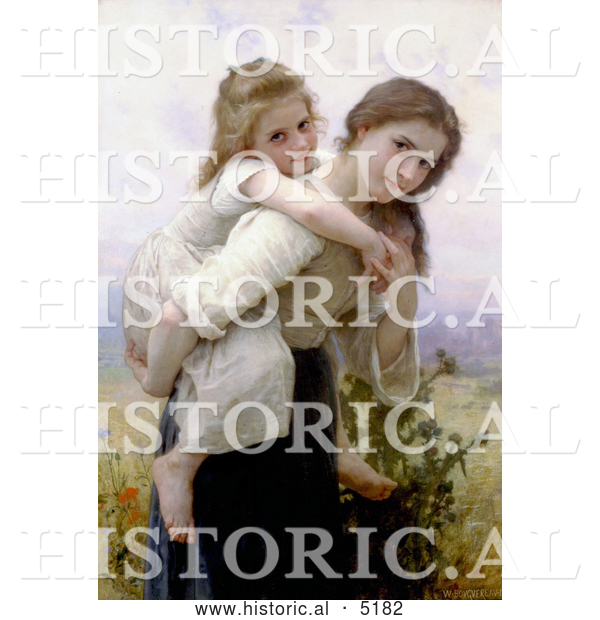 Historical Illustration of a Girl Carrying Her Little Sister on Her Back, Not Too Much to Carry by William-Adolphe Bouguereau