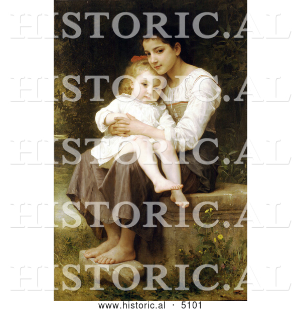 Historical Illustration of a Girl Holding Her Little Sister, Big Sis by William-Adolphe Bouguereau