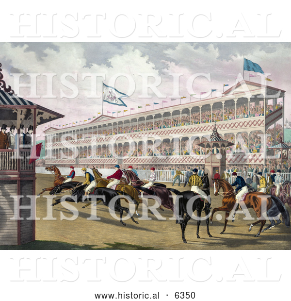 Historical Illustration of a Group of Anxious Jockeys Rushing Away from the Start Line at Jerome Park, New York