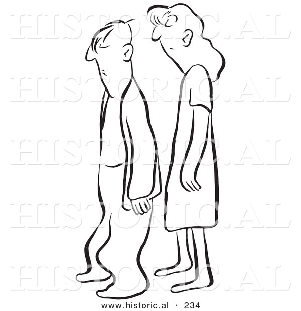 Historical Illustration of a Grumpy Cartoon Man and Woman Waiting in Line - Outlined Version