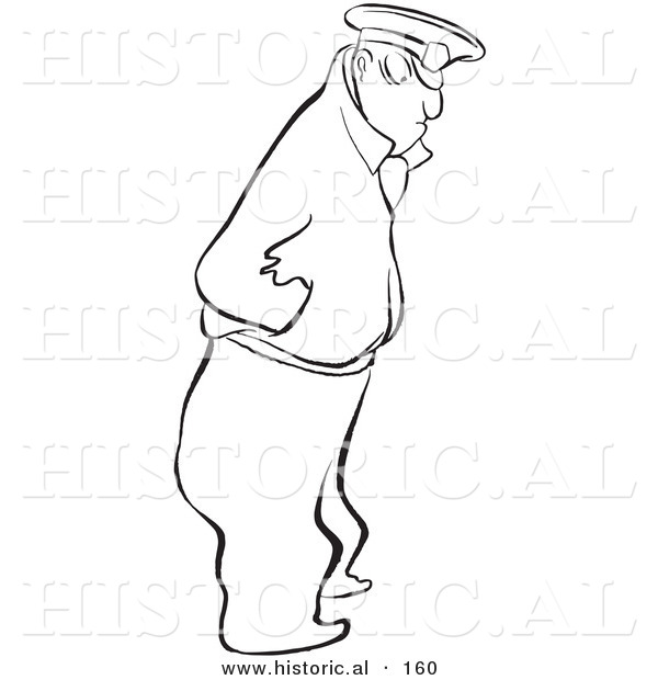 Historical Illustration of a Grumpy Cartoon Security Guard Looking Towards the Ground - Outlined Version