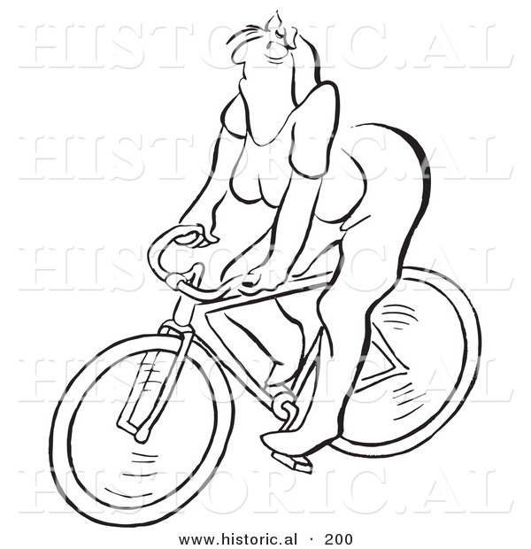 Historical Illustration of a Grumpy Cartoon Woman Riding a Bicycle - Outlined Version