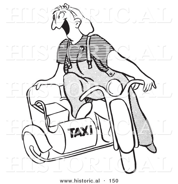 Historical Illustration of a Happy Cartoon Female Taxi Driver Sitting on an Old Motorcycle with Sidecar - Black and White Version