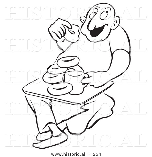Historical Illustration of a Happy Cartoon Man Eating Donuts and Drinking Coffee with a Big Smile on His Face - Outlined Version