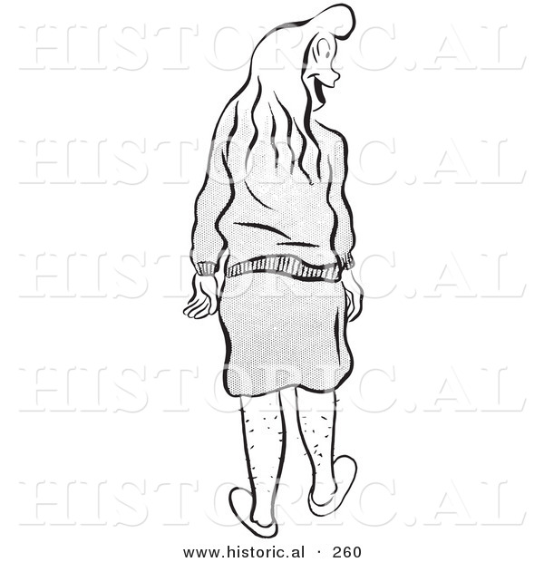 Historical Illustration of a Happy Teenage Girl Smiling with Hairy Legs - Outlined Version