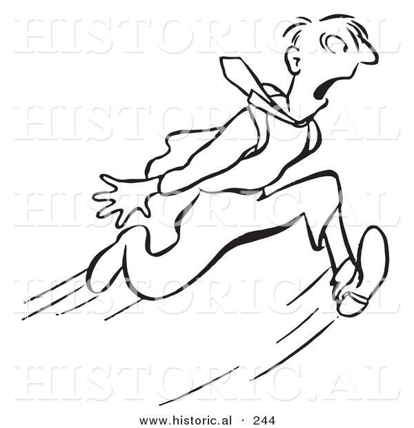 Historical Illustration of a Late Cartoon Businessman Running Real Fast - Outlined Version